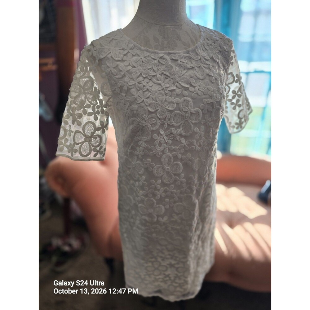 Ann Taylor White 3D Floral Lace Shift Dress Sheer Short Sleeve - Size 6